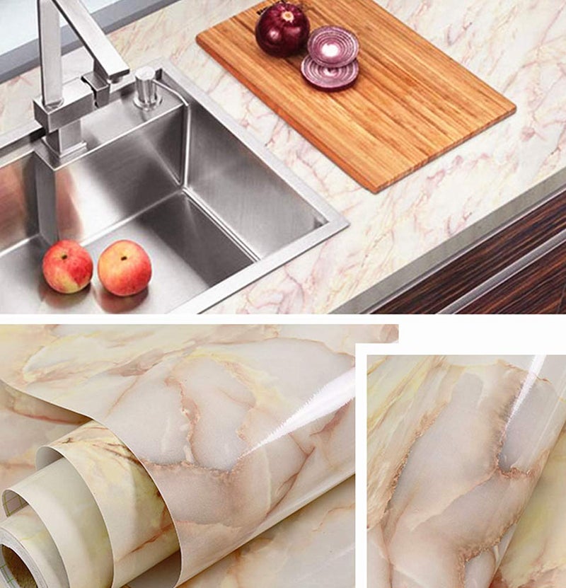 UPREDO Pink Jade Marble Paper Granite Look Effect Countertops Adhesive Paper Gloss Vinyl Film Wallpaper Self Adhesive Removable 15.8inch by 79inch - Image 3